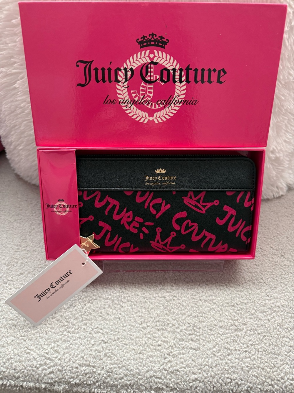 Juicy Couture Black & Pink Graffiti Logo Wallet with Gold Foil Logo New In Box